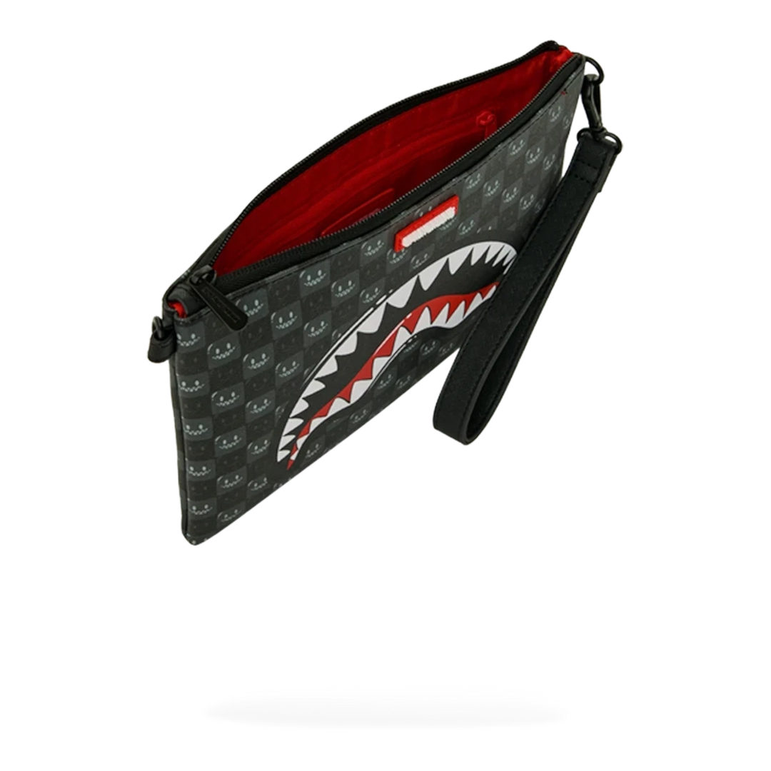HypeSelection Sprayground Sharks In Paris black check pouchette with signature shark mouth graphic and red interior