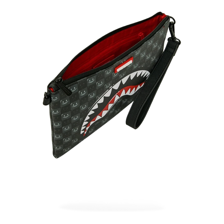 HypeSelection Sprayground Sharks In Paris black check pouchette with signature shark mouth graphic and red interior