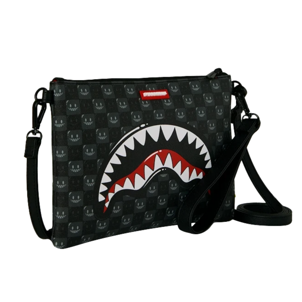 HypeSelection Sprayground Sharks In Paris black check pouchette with iconic shark mouth graphic and wrist strap