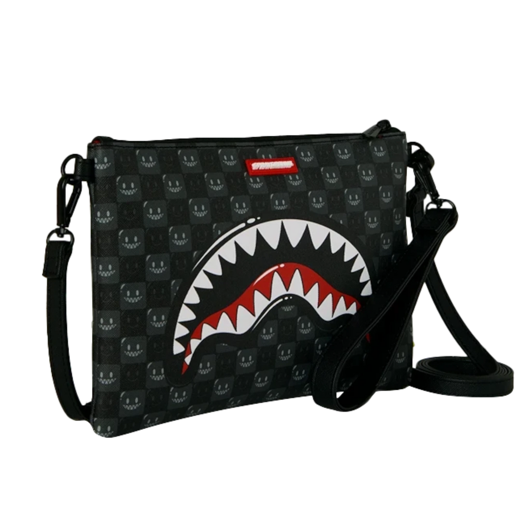 HypeSelection Sprayground Sharks In Paris black check pouchette with iconic shark mouth graphic and wrist strap