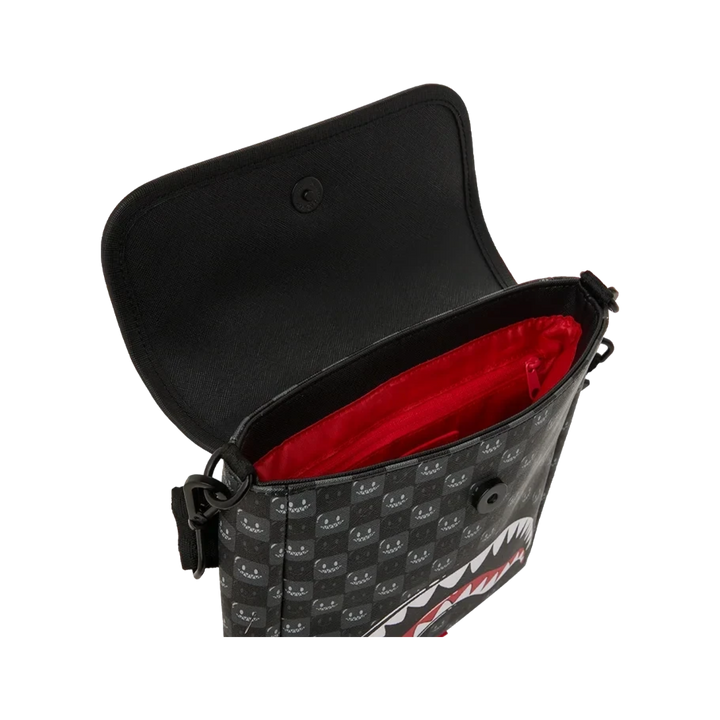 HypeSelection Sprayground Shinobi Sharks In Paris faux leather sling bag with open flap and vibrant red interior