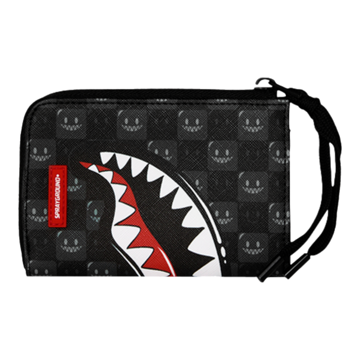 HypeSelection Sprayground Shinobi Sharks In Paris wallet featuring a black checkered pattern and iconic shark mouth.