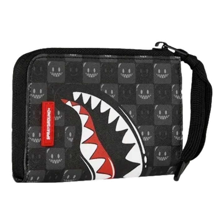 HypeSelection Sprayground Shinobi Sharks in Paris wallet featuring a black checkered graphic and iconic shark mouth