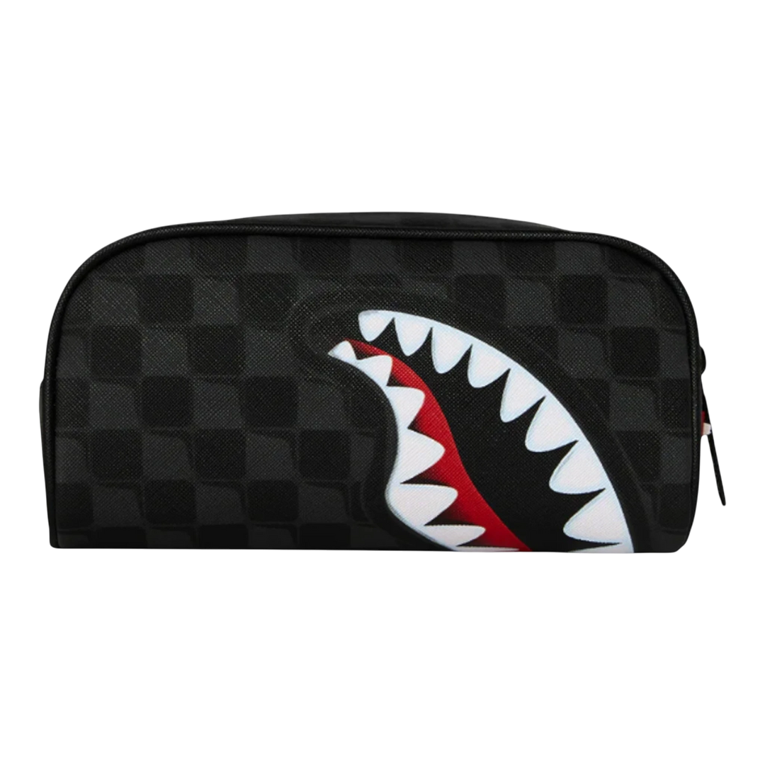 HypeSelection black checkered pouch with iconic Sprayground shark mouth graphic. Zip closure for secure storage.