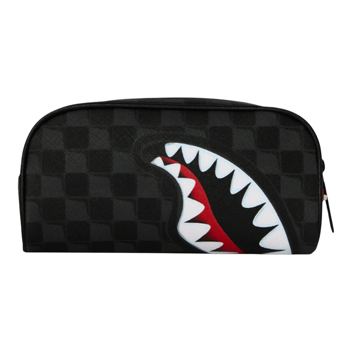 HypeSelection black checkered pouch with iconic Sprayground shark mouth graphic. Zip closure for secure storage.