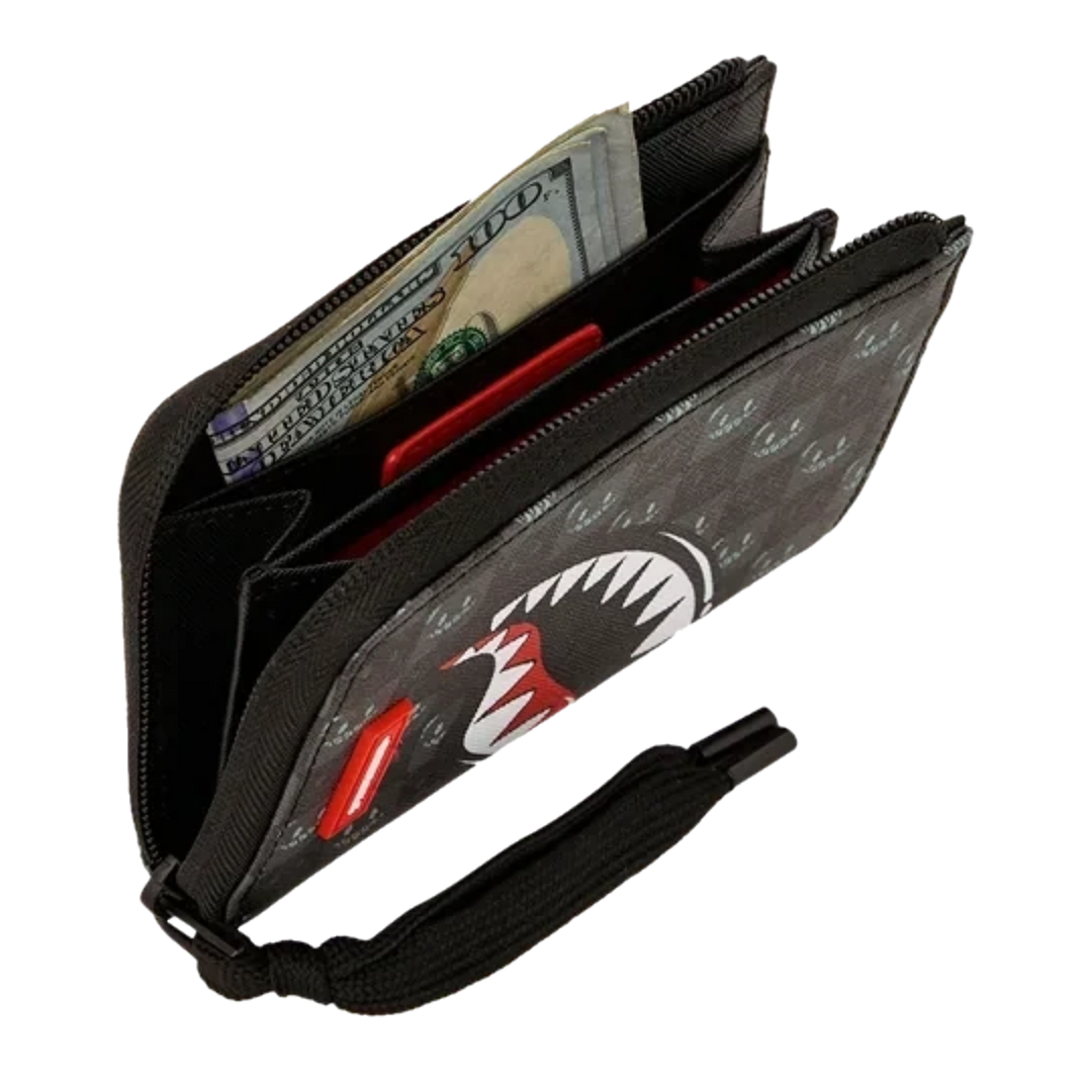 HypeSelection Sprayground Shinobi Sharks In Paris zip wallet with signature shark mouth graphic and wrist strap