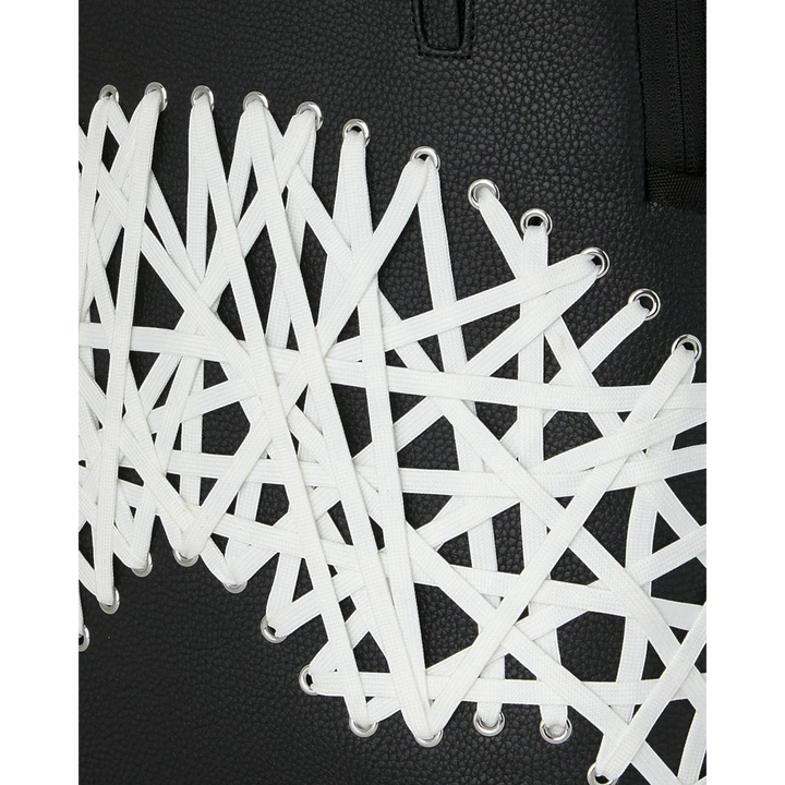 HypeSelection Sprayground Shoelace Shark backpack featuring white crisscross laces on a black textured leather base.