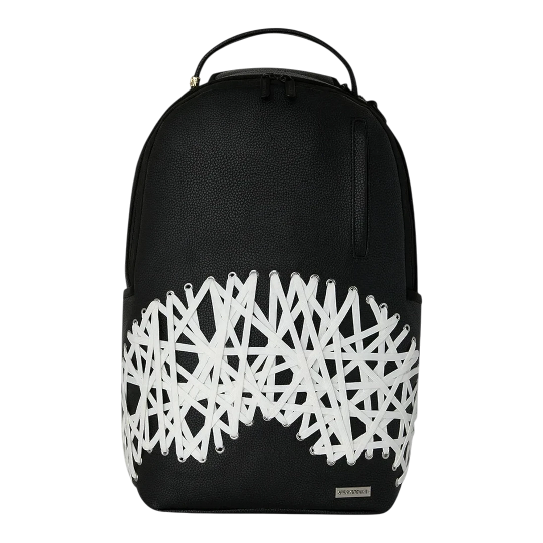 HypeSelection Sprayground Shoelace Shark DLXSV backpack in black with white crisscross shoelace graphic detail