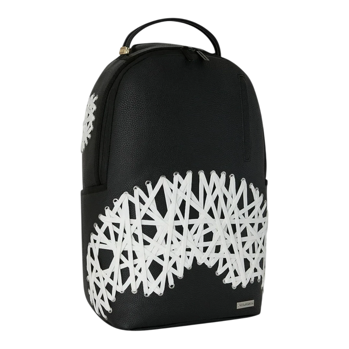 HypeSelection Sprayground Shoelace Shark DLXSV backpack in black with white woven shoelace shark mouth graphic