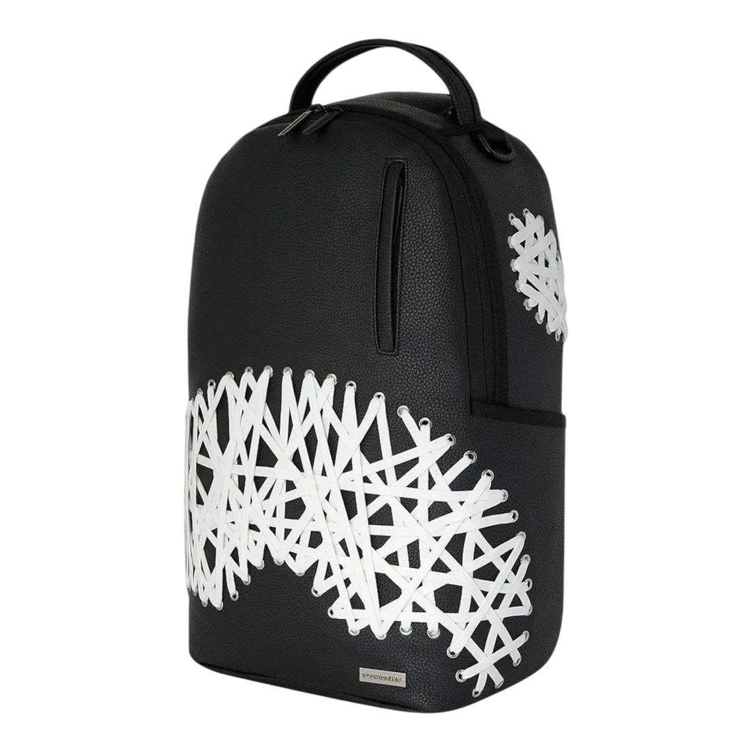 HypeSelection Sprayground Shoelace Shark DLXSV black backpack with white crisscross shoelace graphic detail