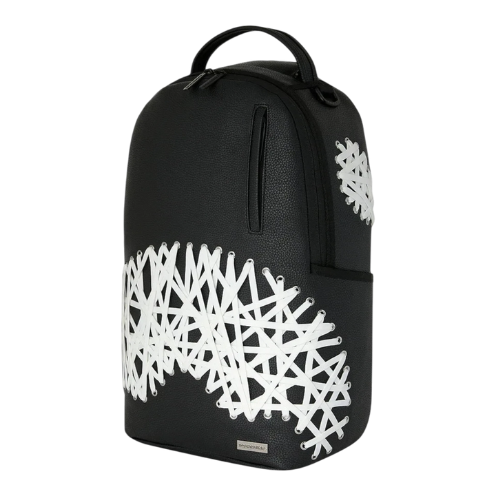 HypeSelection Sprayground Shoelace Shark DLXSV black backpack with white crisscross shoelace graphic detail