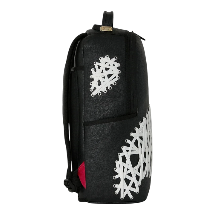 HypeSelection Sprayground Shoelace Shark DLXSV black backpack with white crisscross lace detailing on side profile