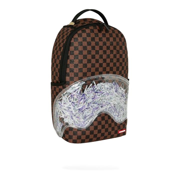 HypeSelection Sprayground Shredded Money DLXSV backpack featuring a brown and black checkerboard pattern with money art