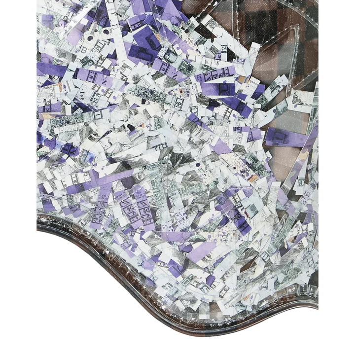 HypeSelection Sprayground Shredded Money DLXSV backpack featuring a detailed purple and white shredded cash print