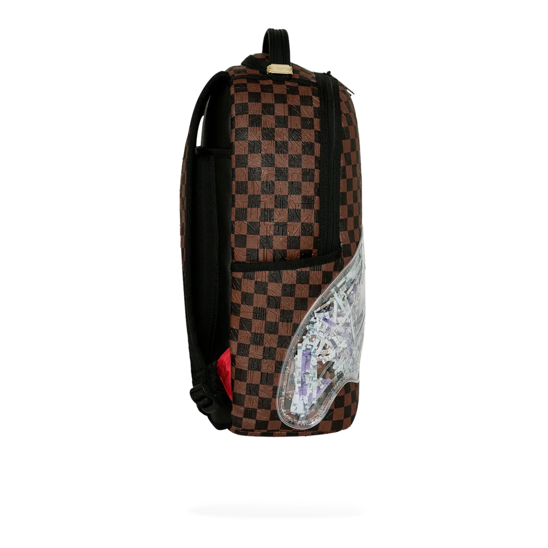 HypeSelection Sprayground Shredded Money DLXSV backpack in brown checkered pattern with side money graphic detail