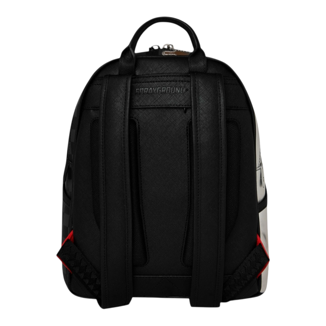 HypeSelection Sprayground Silver Side Drip Savage backpack in black vegan leather with adjustable straps and gold zippers.