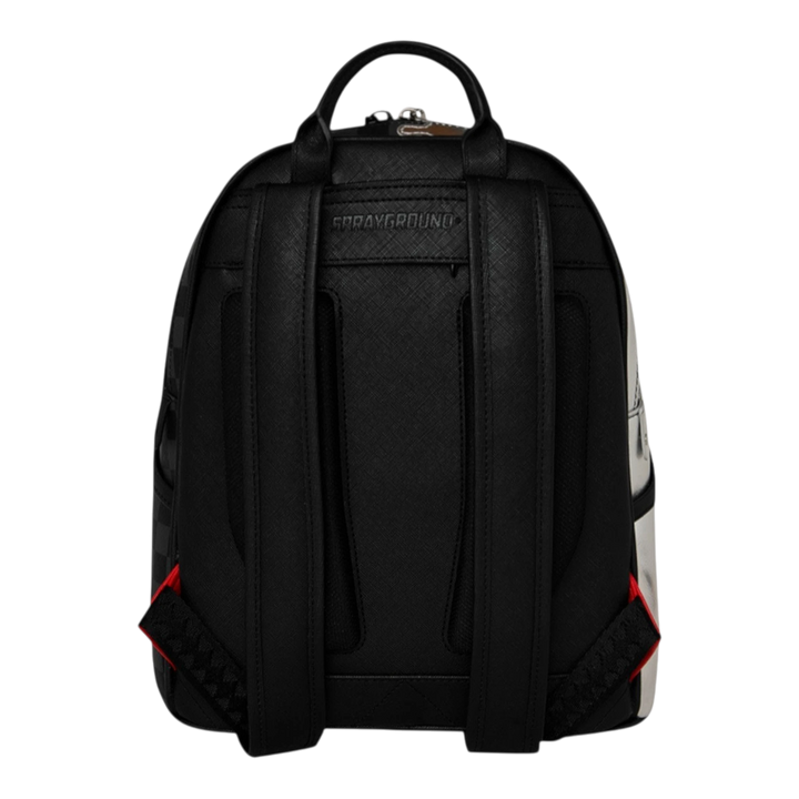 HypeSelection Sprayground Silver Side Drip Savage backpack in black vegan leather with adjustable straps and gold zippers.