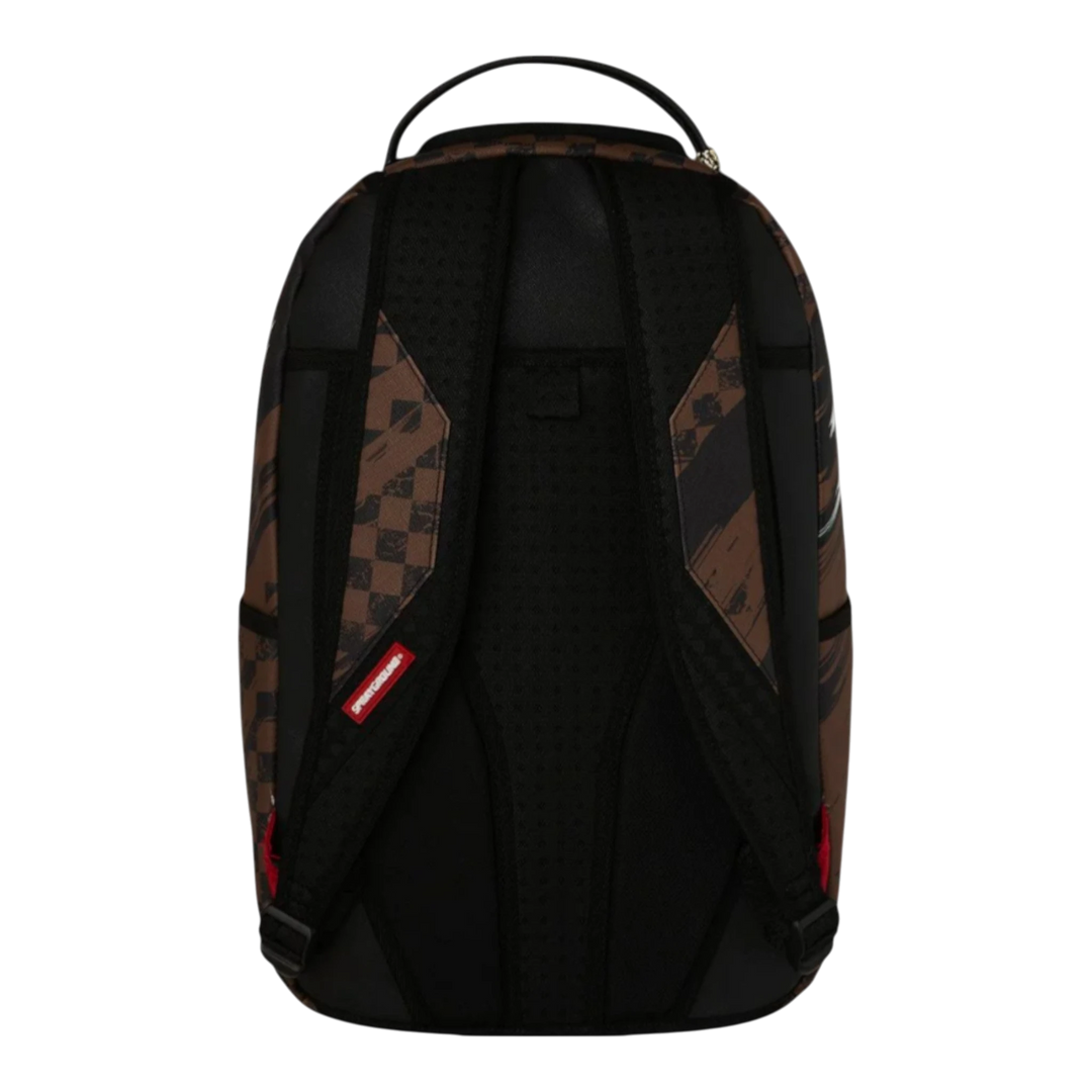 HypeSelection Sprayground Smeared Grunge backpack in brown and black with checkered and distressed graphic print. Features padded straps and back panel.