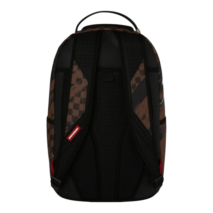 HypeSelection Sprayground Smeared Grunge backpack in brown and black with checkered and distressed graphic print. Features padded straps and back panel.