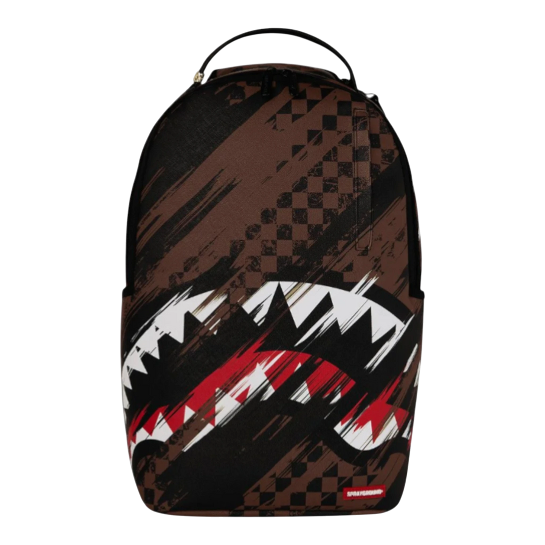 HypeSelection Sprayground Smeared Grunge backpack in brown with black checkered pattern and shark teeth graphic. PVC exterior.