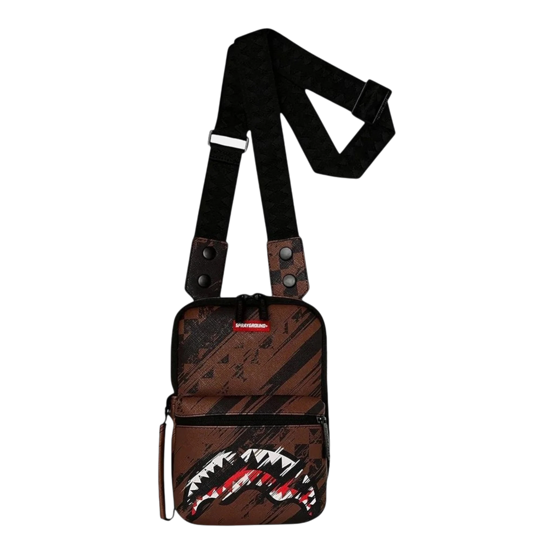 HypeSelection Sprayground Smeared Grunge OG Sling bag in brown synthetic leather with iconic shark mouth graphic