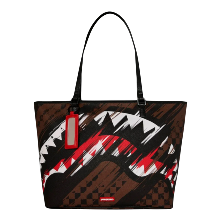 HypeSelection Sprayground Smeared Grunge Tote Bag with shark teeth graphic, red and white accents, and checkered pattern. Faux leather.