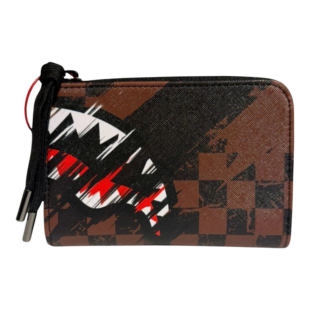 HypeSelection Sprayground Smeared Grunge bi-fold wallet in brown with black and red graphic print and checkered pattern.