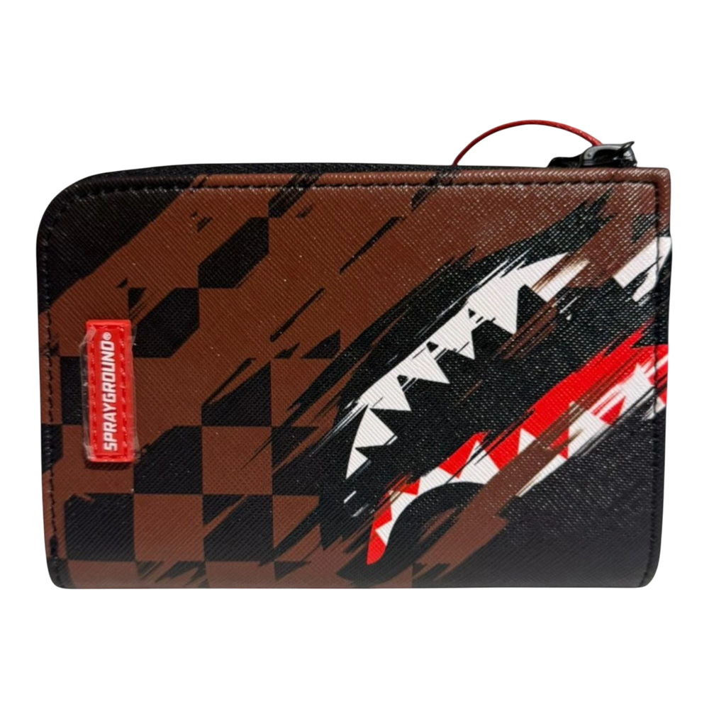 HypeSelection Sprayground Smeared Grunge bi-fold wallet in brown with black checkerboard and shark teeth graphic. Durable synthetic.