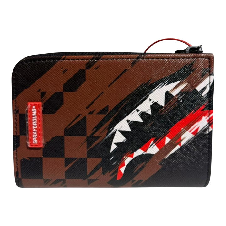 HypeSelection Sprayground Smeared Grunge bi-fold wallet in brown with black checkerboard and shark teeth graphic. Durable synthetic.