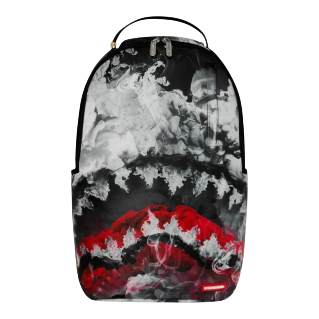 HypeSelection Sprayground backpack with red and white smoke graphic print on black background. Features gold zippers and top handle.