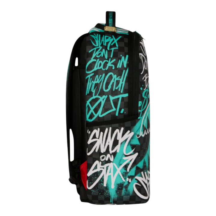 HypeSelection Sprayground Spray Poetry III backpack with graffiti art and shark motif in black and teal.