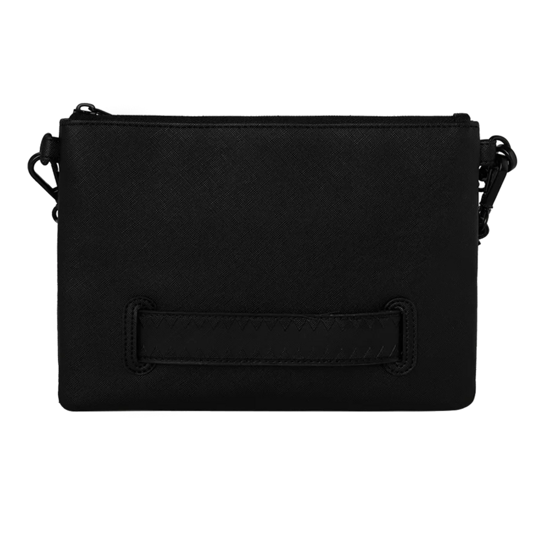 HypeSelection Sprayground Stealth Glide black crossover clutch with a textured finish and horizontal strap detail.