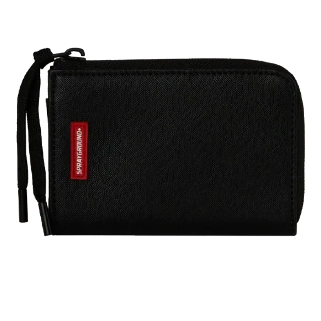 HypeSelection Sprayground Stealth Glide black zippered wallet with a red logo tag and wrist strap