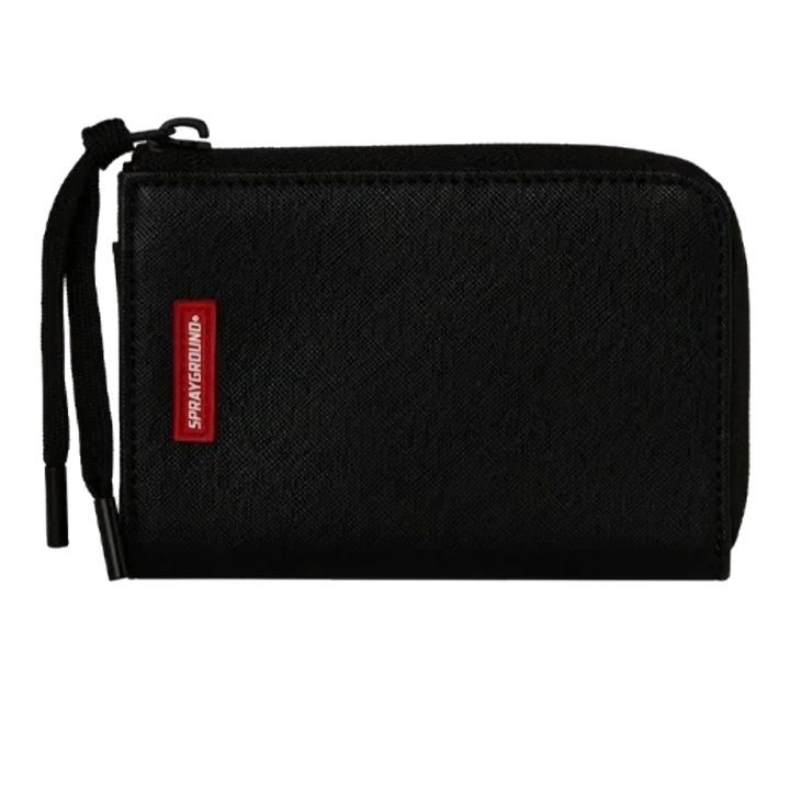 HypeSelection Sprayground Stealth Glide black zippered wallet with a red logo tag and wrist strap