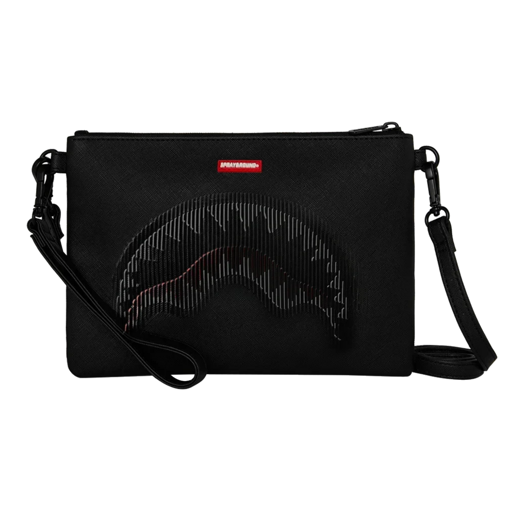 HypeSelection Sprayground black Stealth Glide crossover clutch with signature shark mouth graphic and wrist strap