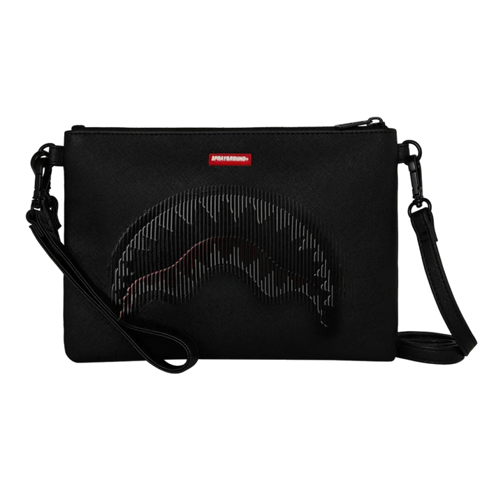 HypeSelection Sprayground black Stealth Glide crossover clutch with signature shark mouth graphic and wrist strap