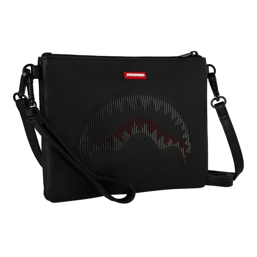 HypeSelection black Sprayground Stealth Glide crossover clutch with iconic shark mouth graphic and detachable strap