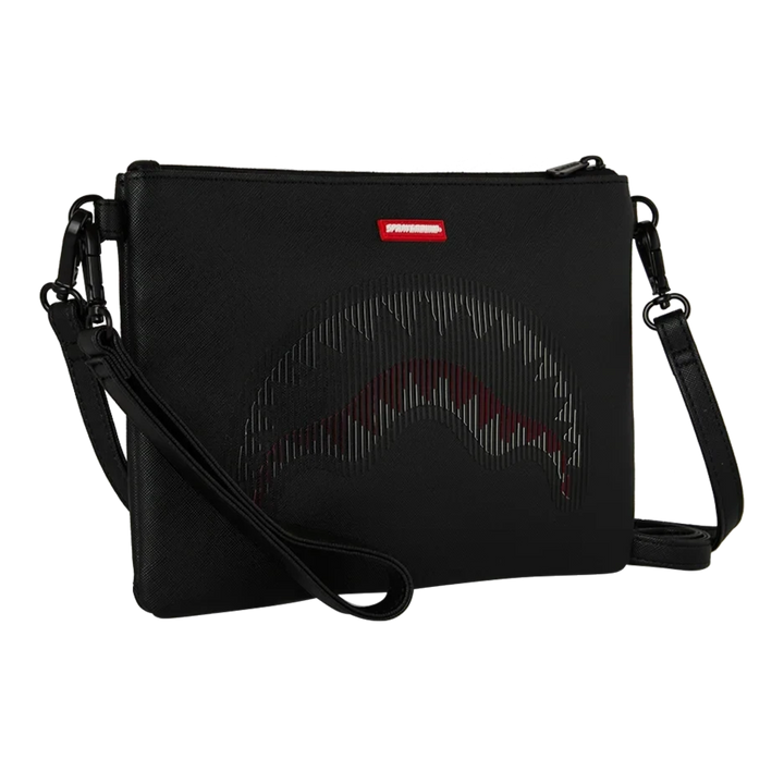 HypeSelection black Sprayground Stealth Glide crossover clutch with iconic shark mouth graphic and detachable strap