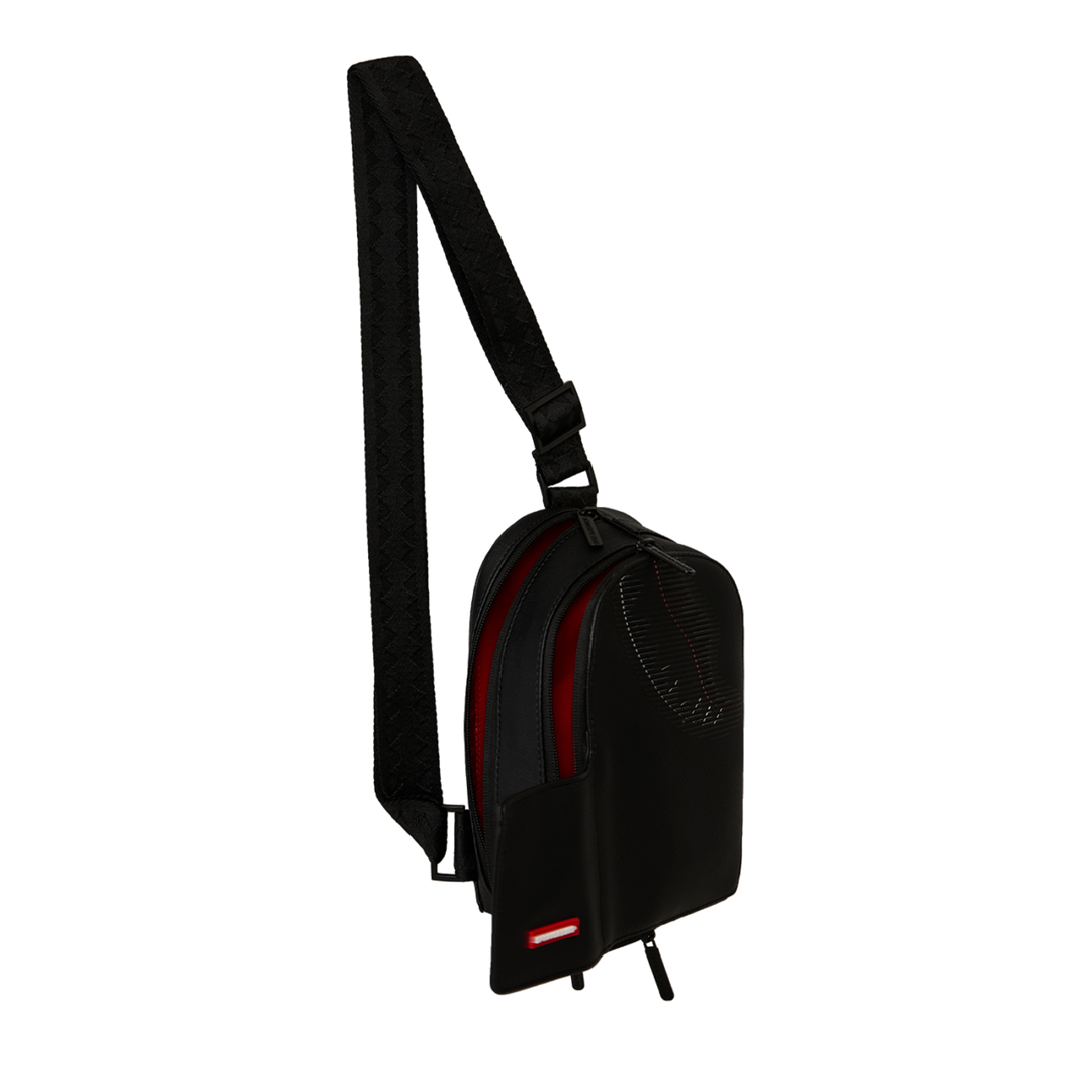 HypeSelection Sprayground Stealth Glide black faux leather sling bag with red interior and adjustable webbing strap