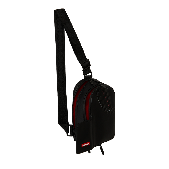 HypeSelection Sprayground Stealth Glide black faux leather sling bag with red interior and adjustable webbing strap