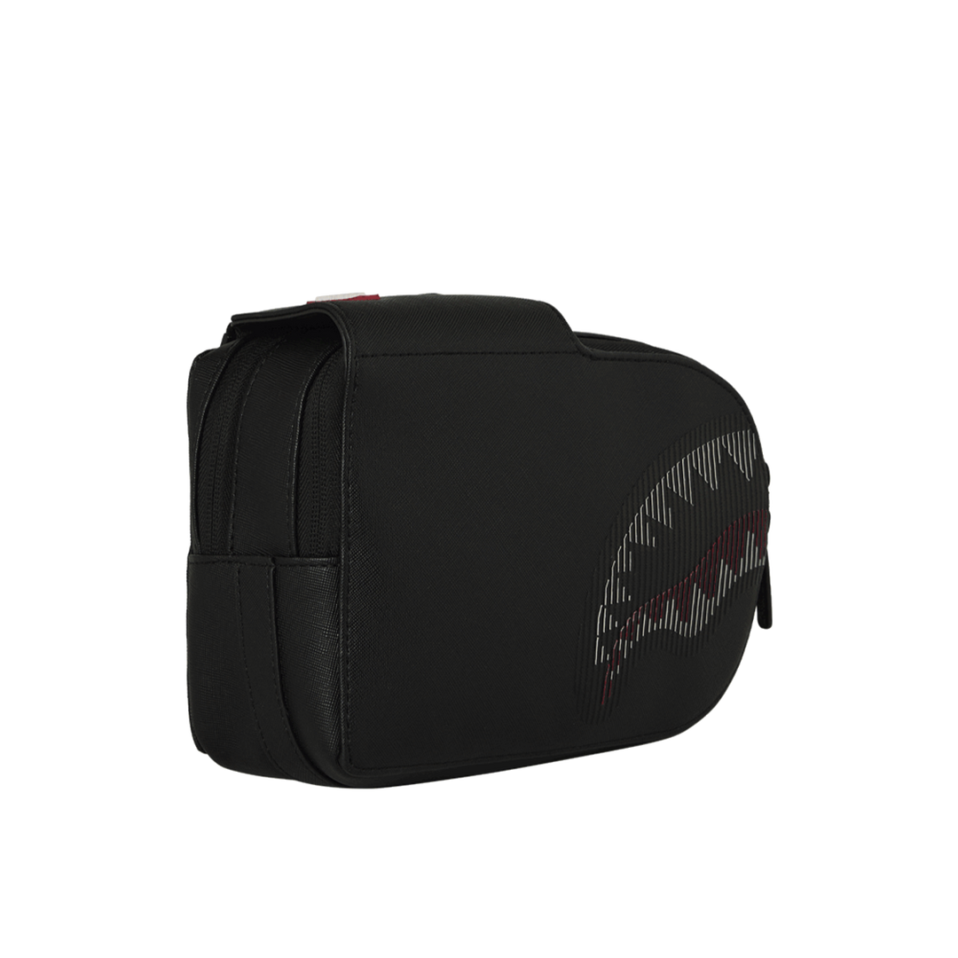 HypeSelection Sprayground Stealth Glide black faux leather sling bag with signature shark mouth graphic detail.