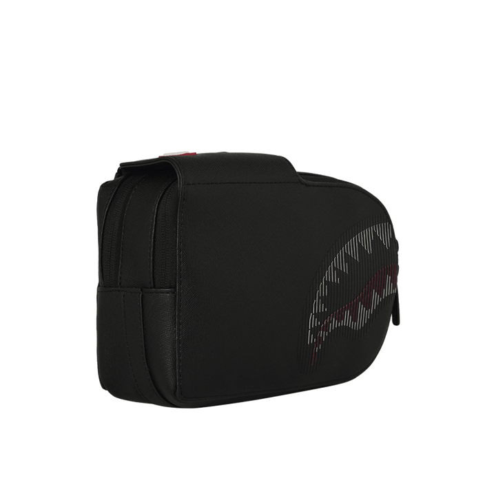 HypeSelection Sprayground Stealth Glide black faux leather sling bag with signature shark mouth graphic detail.