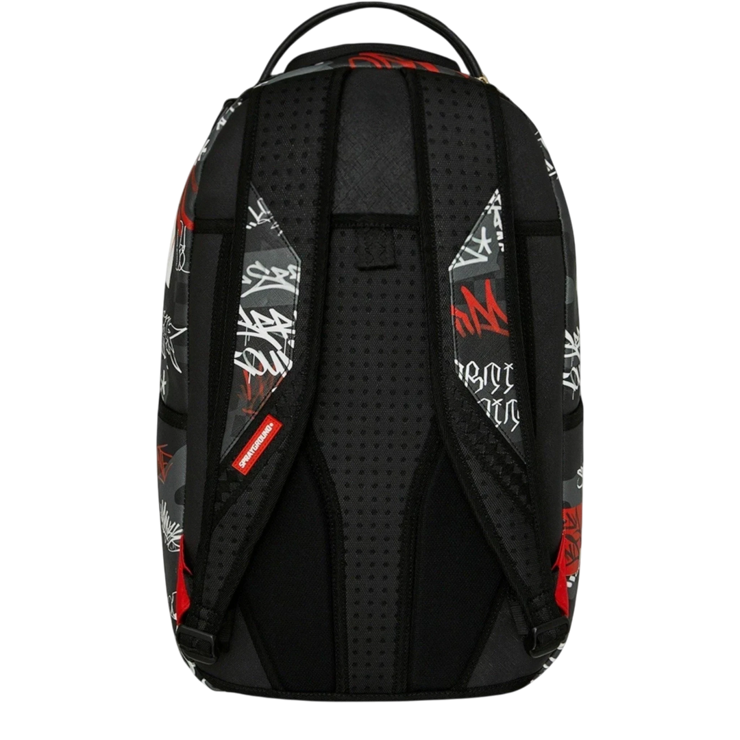 HypeSelection Sprayground Tagged Up DLXSV backpack featuring a black, white, and red graffiti print back view.