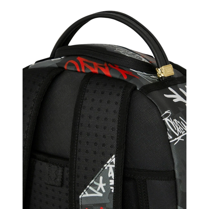 HypeSelection Sprayground Tagged Up DLXSV backpack featuring black and grey graffiti print with red accents