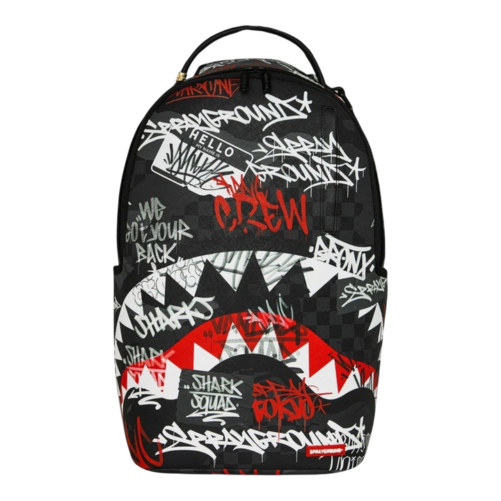 HypeSelection Sprayground Tagged Up DLXSV backpack featuring a black and white graffiti print with iconic shark mouth