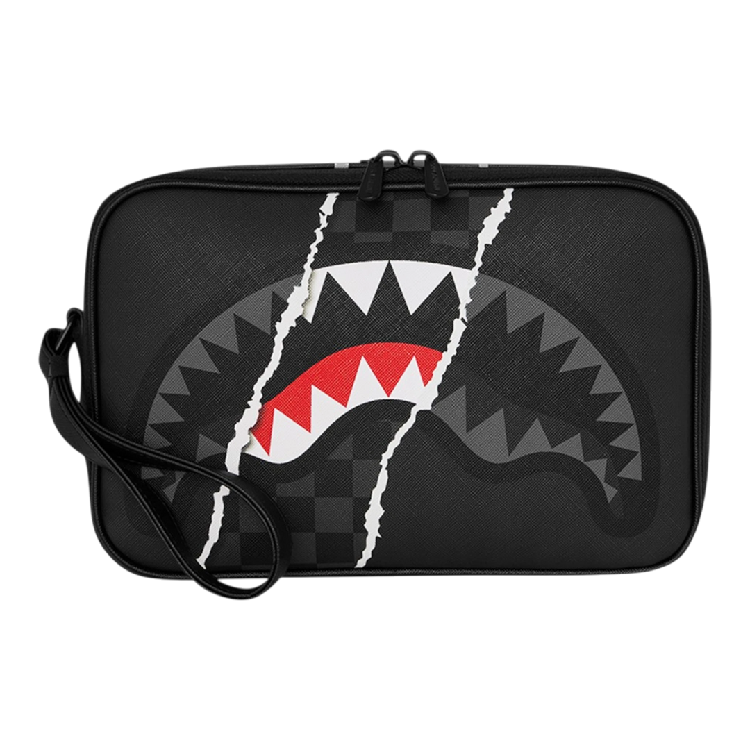 HypeSelection Sprayground Center Rip Reveal toiletry bag in black with signature shark mouth graphic and wrist strap