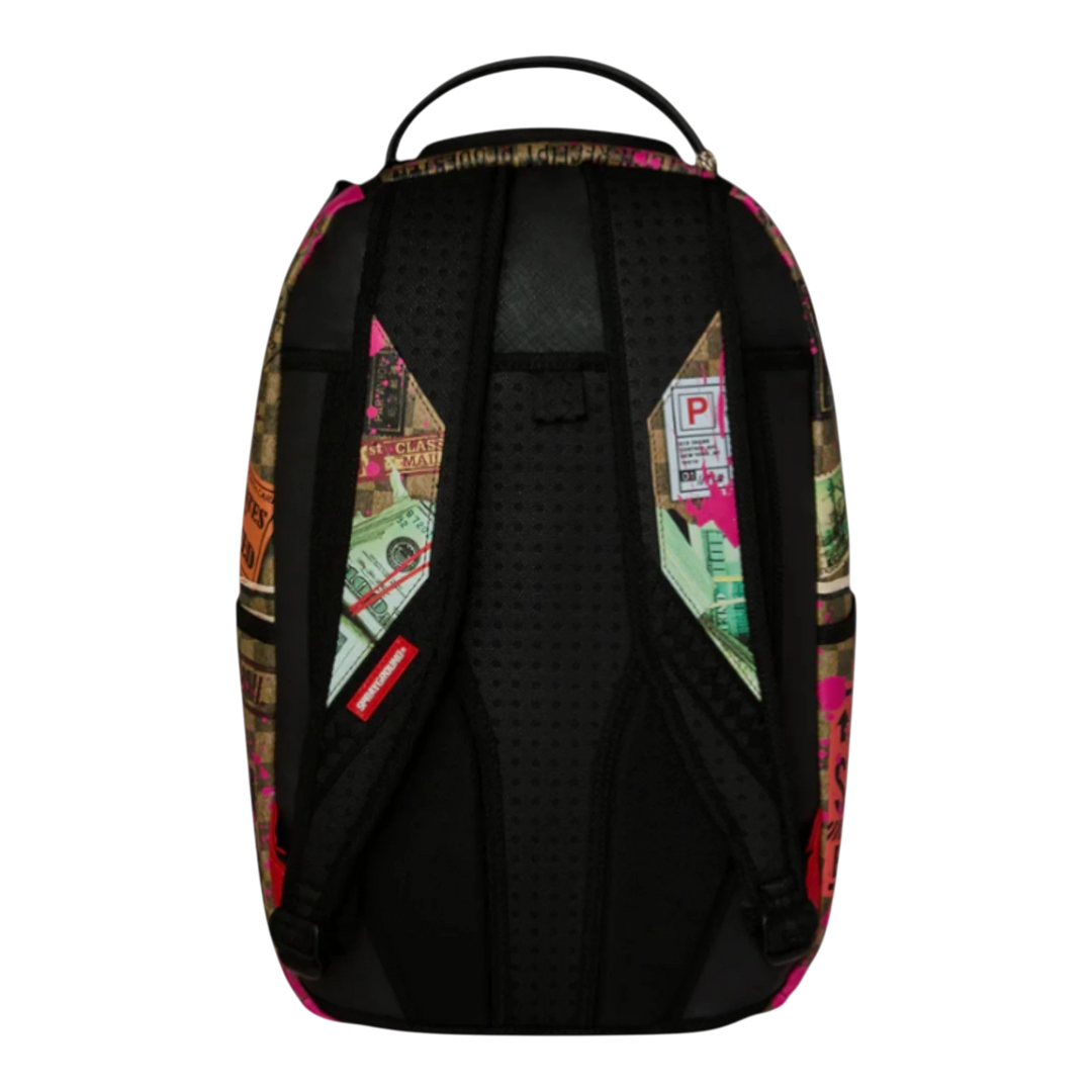HypeSelection Sprayground Torn Packaging RMX backpack with multicolor graphic print, black padded straps, and mesh back.