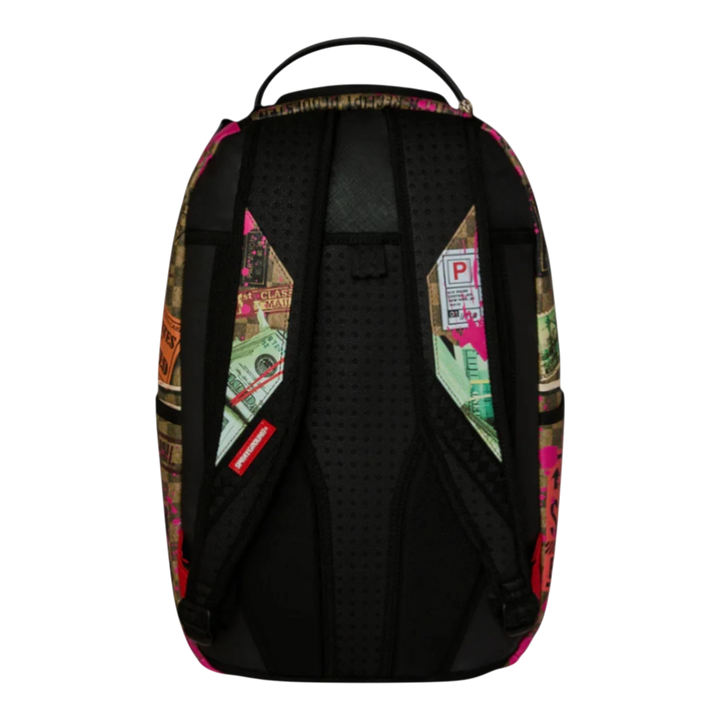 HypeSelection Sprayground Torn Packaging RMX backpack with multicolor graphic print, black padded straps, and mesh back.