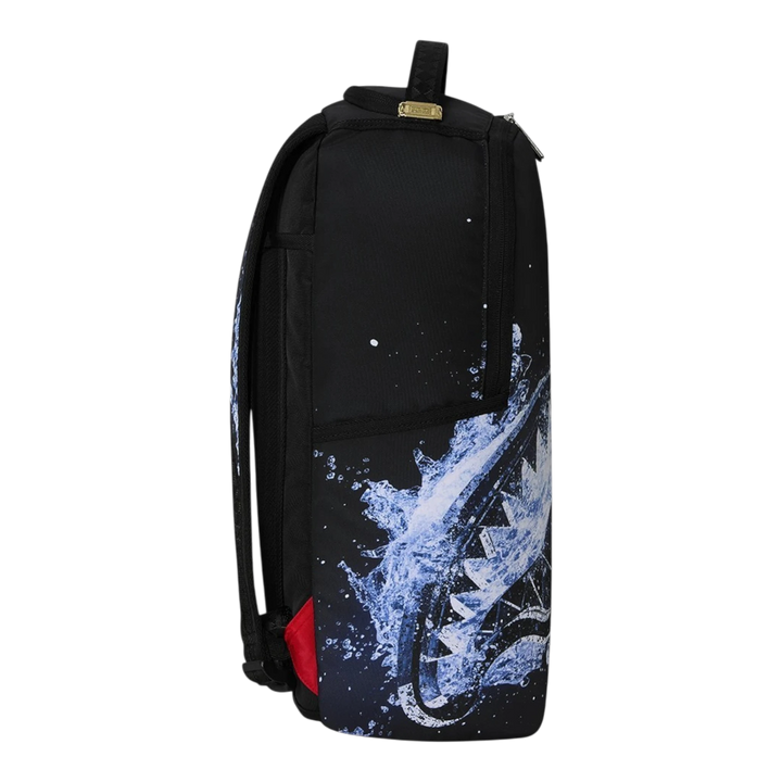 HypeSelection Sprayground Water Lips Shark DLXSR backpack in black with blue water splash graphic side view