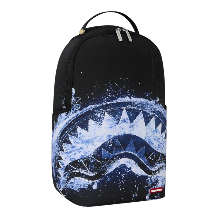 HypeSelection Sprayground Water Lips Shark DLXSR backpack in black with blue water-themed graphic shark mouth design.
